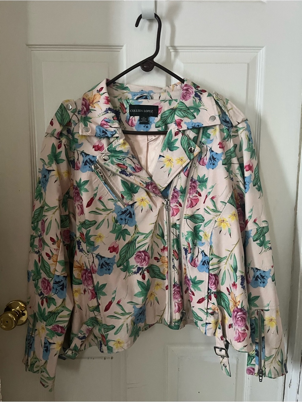 Colleen Lopez Cream Floral Biker Jacket with Multicolor Blooms